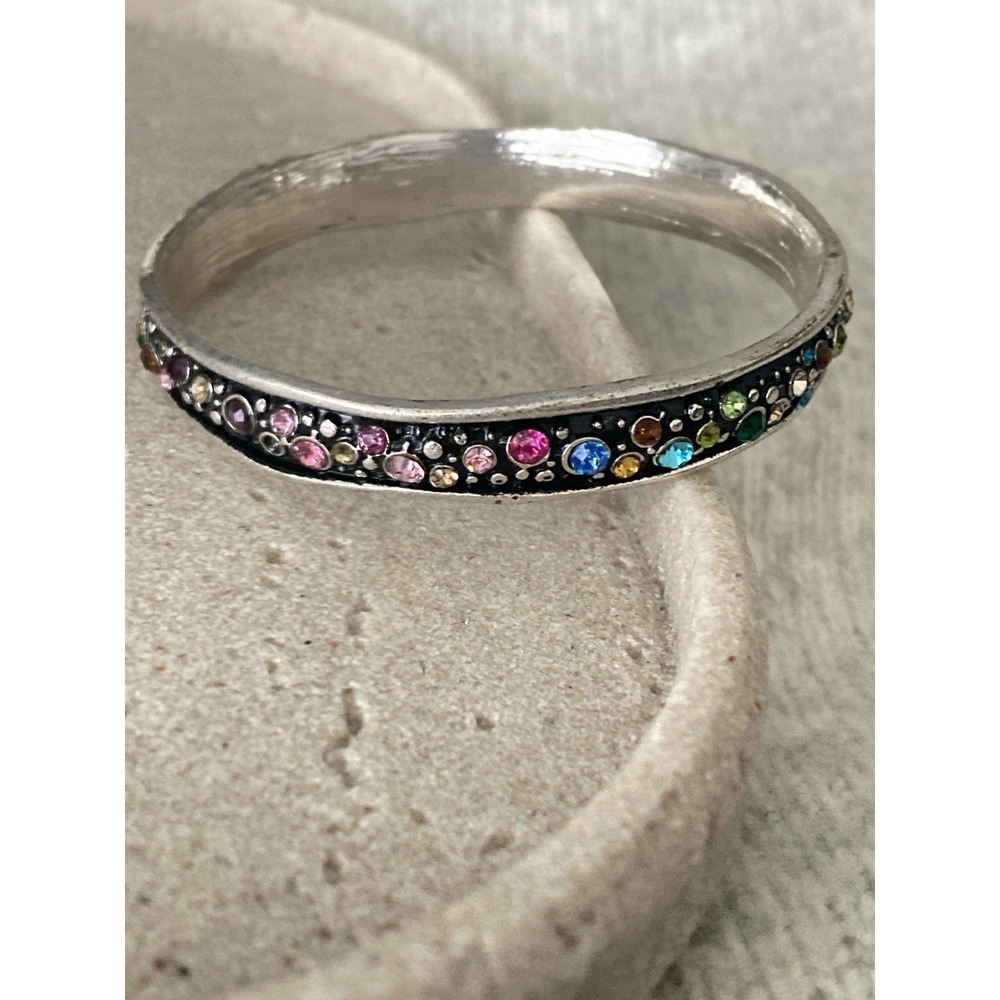 Silver Tone Multicolor Rhinestone Bangle Bracelet Black Colorful Rainbow